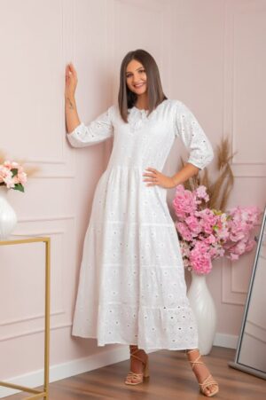 Rochie traditionala alba cu model perforat Bianca 03