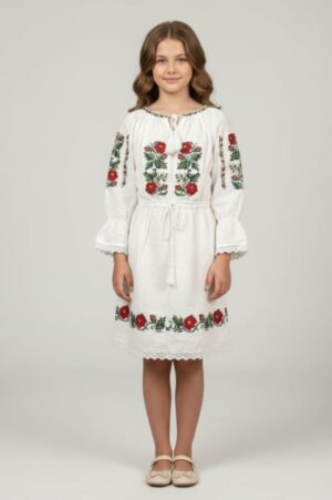 Rochie traditionala alba pentru fetite cu motiv floral rosu Elena