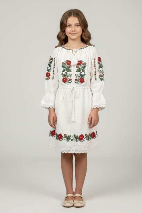 Rochie traditionala alba pentru fetite cu motiv floral rosu Elena