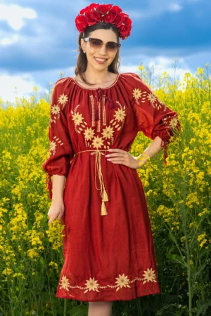 Rochie traditionala bordo Alessia din bumbac cu broderie florala