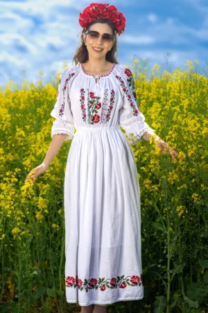Rochie traditionala din bumbac Monalisa cu trandafiri brodati