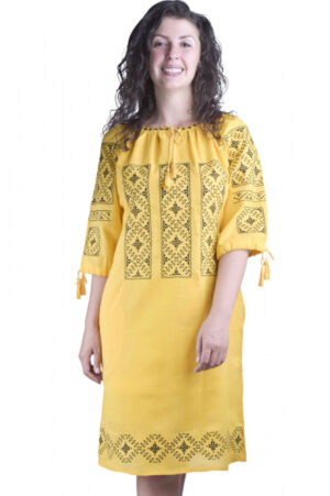 Rochie traditionala midi galbena cu motiv geometric negru Simina