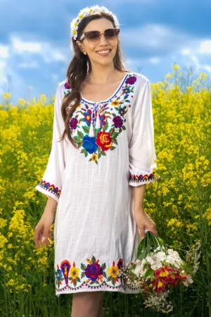 Rochie traditionala Silvana din vascoza cu broderie florala