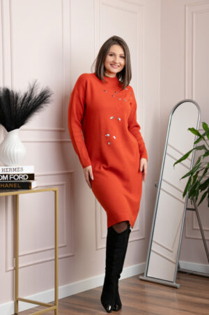 Rochie tricotata caramizie Katherine cu flori in relief si paiete argintii
