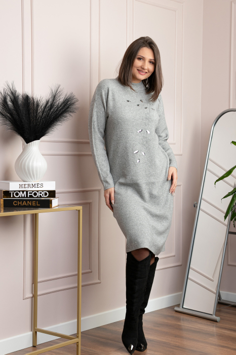 Rochie tricotata gri Katherine cu flori in relief si paiete argintii