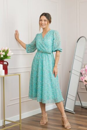 Rochie turcoaz din voal cu imprimeu floral si curea ajustabila