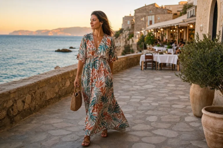 Rochie de vacanță cu imprimeu, purtată la malul mării