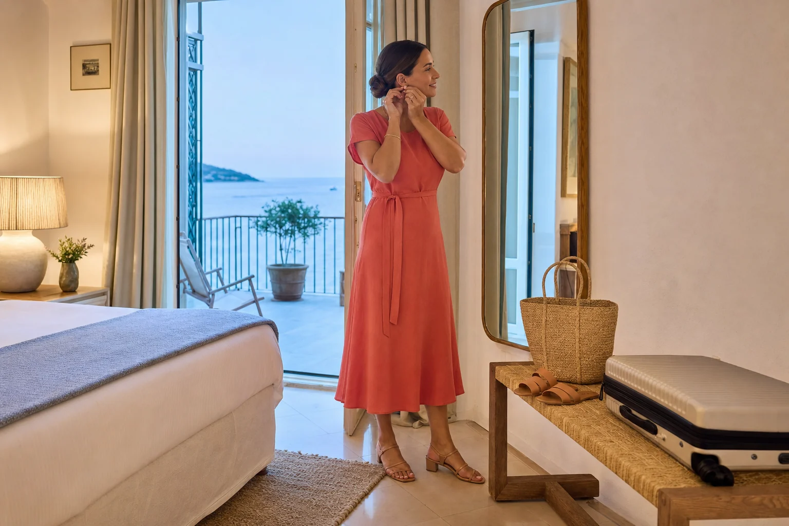 Rochie de vacanță coral pregătită pentru o cină la malul mării