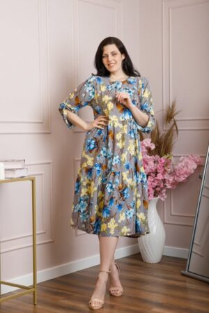 Rochie vaporoasa Emmeline cu volane si imprimeuri florale - Gri