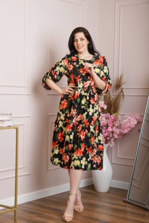 Rochie vaporoasa Emmeline cu volane si imprimeuri florale - Negru si rosu