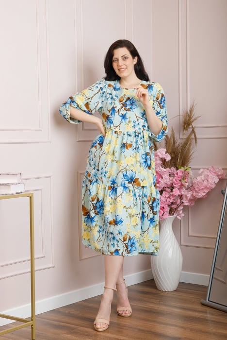 Rochie vaporoasa Emmeline cu volane si imprimeuri florale - Verde mint