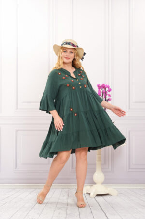 Rochie verde boho chic cu aplicatie florala cusuta