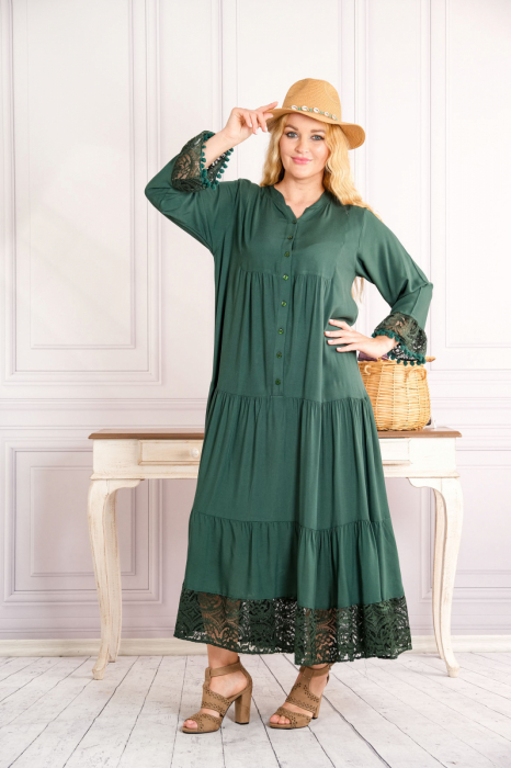 Rochie verde lunga boho chic cu volane si dantela