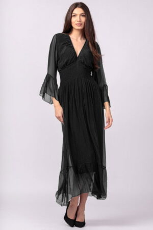 Rochie neagra din matase si vascoza cu banda elastica in talie si volane
