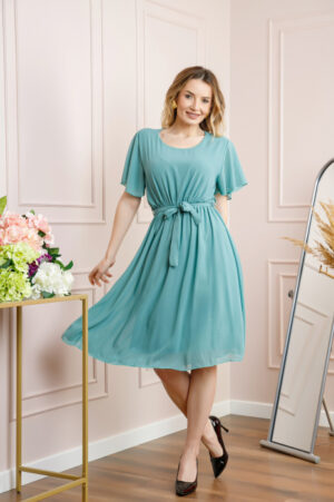 Rochie verde mint din voal cu cordon in talie