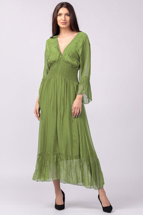 Rochie verde oliv din matase si vascoza cu banda elastica in talie si volane