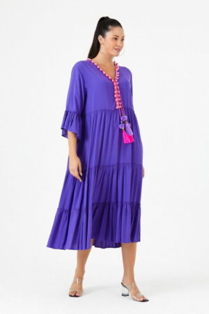 Rochie albastra din vascoza cu volane si ciucuri colorati
