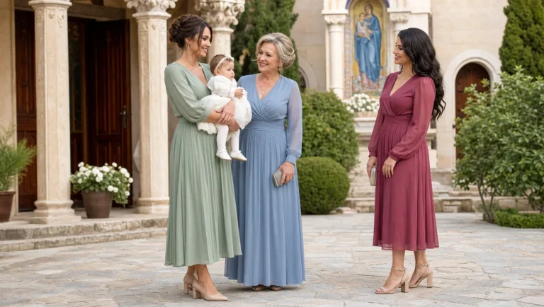 Mamă, nașă și invitată în rochii elegante după ceremonia de botez