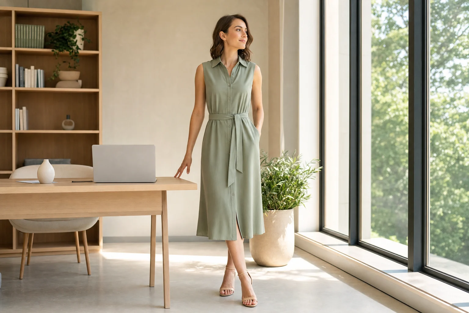 Rochie midi verde salvie pentru birou vara