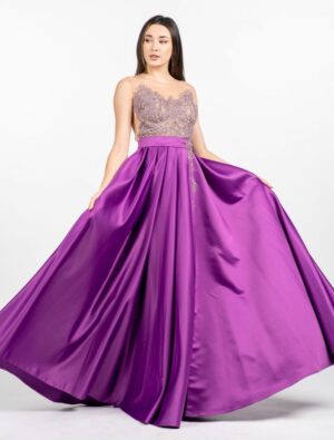 Rochie de ocazie lunga din tafta fucsia cu broderie pretioasa in partea superioara