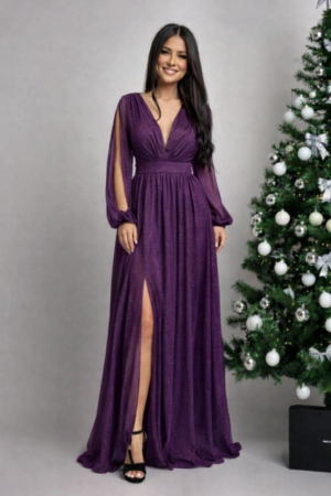 Rochie de seara lunga vaporoasa mov cu maneca lunga Carolina