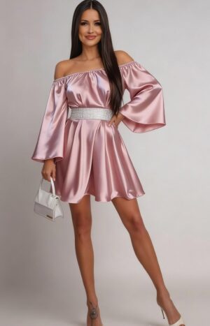 Rochie scurta din satin roz baby doll vaporoasa Merida