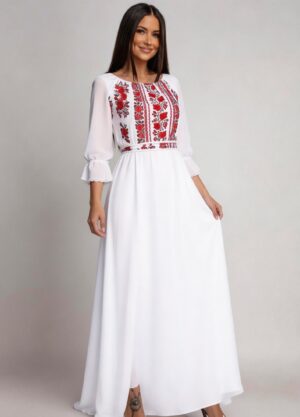 Rochie lunga alba din voal cu motive traditionale Saray
