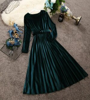 Rochie midi verde turcoaz din catifea plisata Aryanne