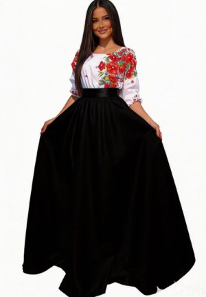 Rochie lunga neagra traditionala din tafta cu maci rosii Anna