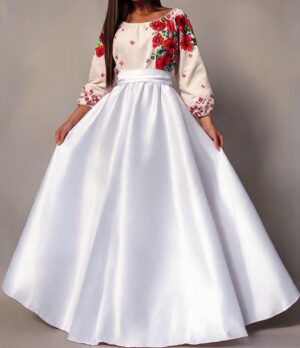 Rochie traditionala lunga din tafta alba Anna