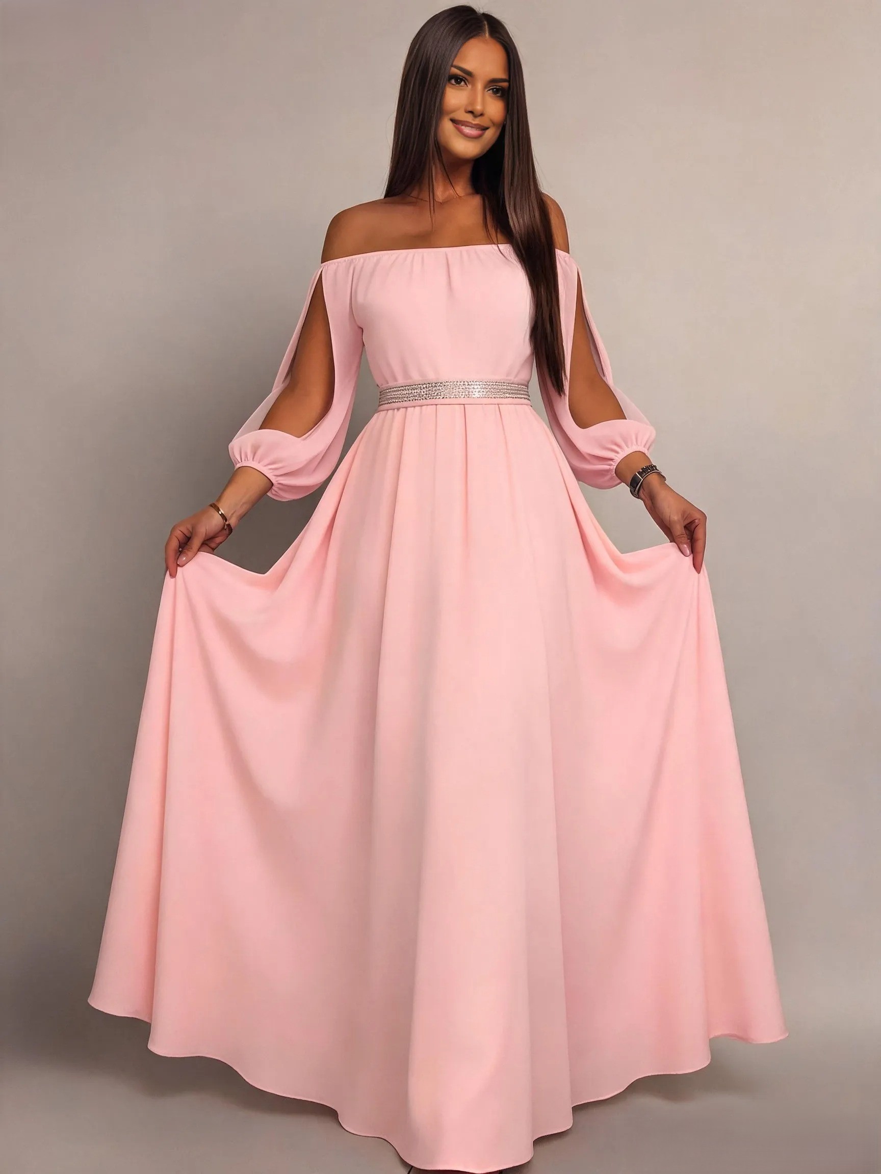 Rochie lunga roz pal din voal vaporoasa Afrodita