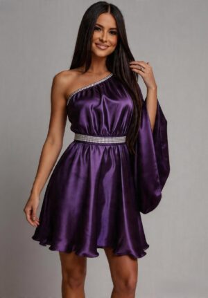 Rochie babydoll din satin mov cu maneca lunga Melike
