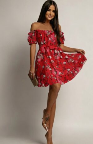 Rochie de vara scurta rosie cu flori in clos Pinky