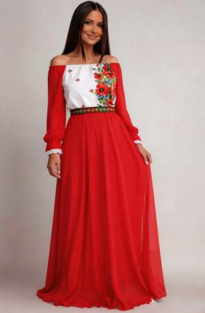Rochie lunga rosie din voal cu motive traditionale vaporoasa Emanuela