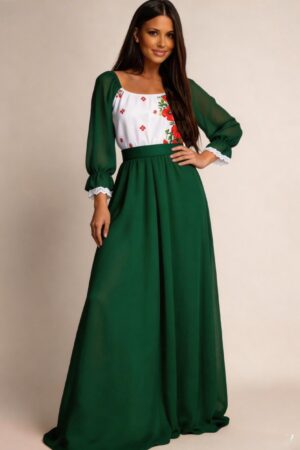 Rochie lunga verde din voal cu motive traditionale pe bust Emanuela