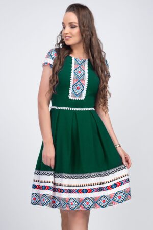 Rochie scurta verde cu motive traditionale Doinita