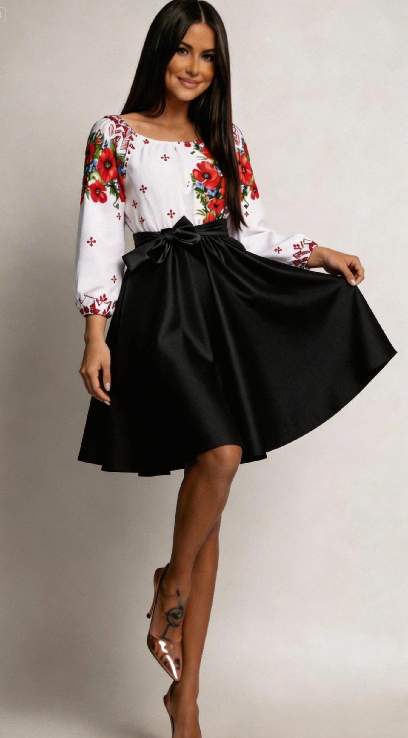 Rochie midi traditionala din tafta neagra cu maci Azra