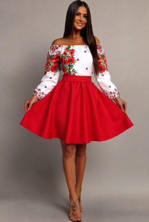 Rochie traditionala midi din tafta rosie cu maci Azra