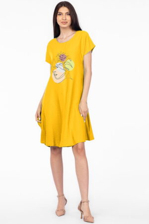 Rochie  A line  galbena din in mercerizat si vascoza usor creponat