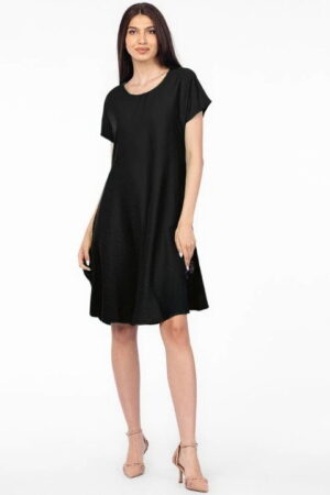 Rochie  A line  neagra din in mercerizat si vascoza usor creponat