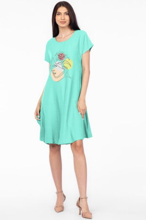 Rochie  A line  verde menta din in mercerizat si vascoza