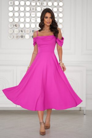 Rochie baby doll midi roz fucsia cu umerii goi evazata Anelisa