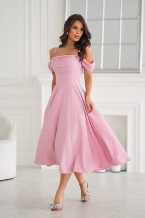Rochie baby doll midi roz prafuit cu umerii goi evazata Anelisa
