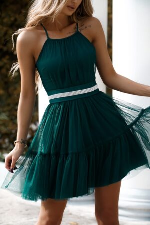 Rochie baby doll scurta din tulle verde smarald cu volane vaporoasa CristalW