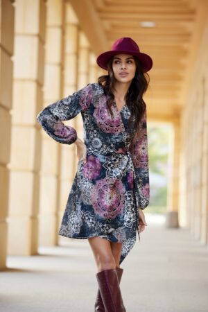 Rochie boho scurta bleumarin cu petrecuta cu maneca lunga CassieR