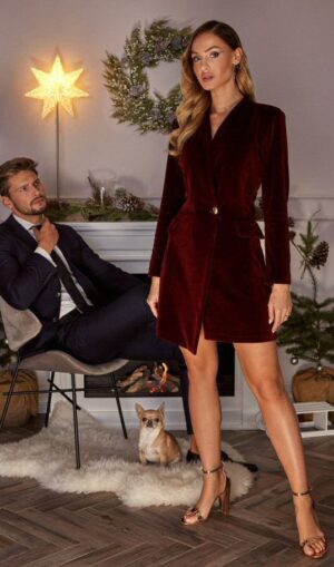 Rochie scurta din catifea burgundy tip blazer Janinne
