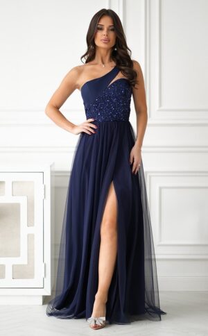 Rochie de banchet lunga bleumarin navy cu tulle si paiete Louanna