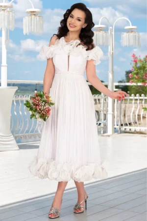 Rochie de cununie midi din organza alba Rosalyn cu volane romantice