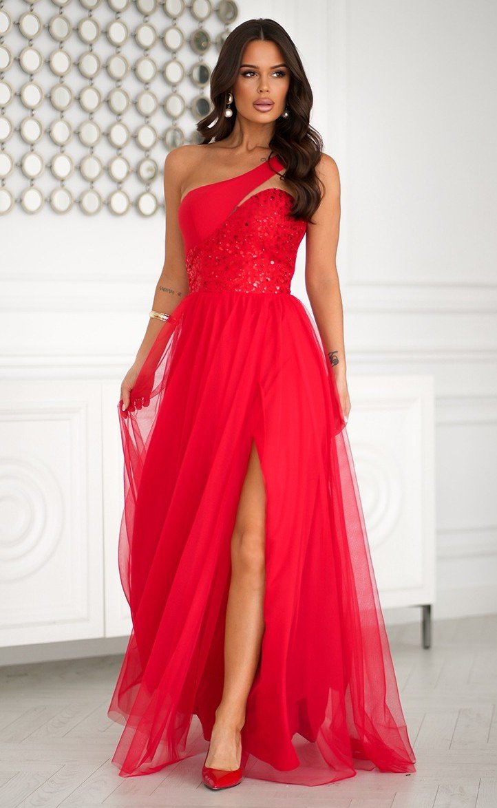 Rochie eleganta lunga rosie cu tulle si paiete Louanna