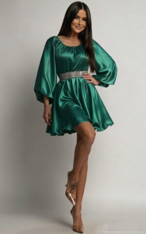Rochie de ocazie eleganta scurta din satin verde babydoll vaporoasa Merida
